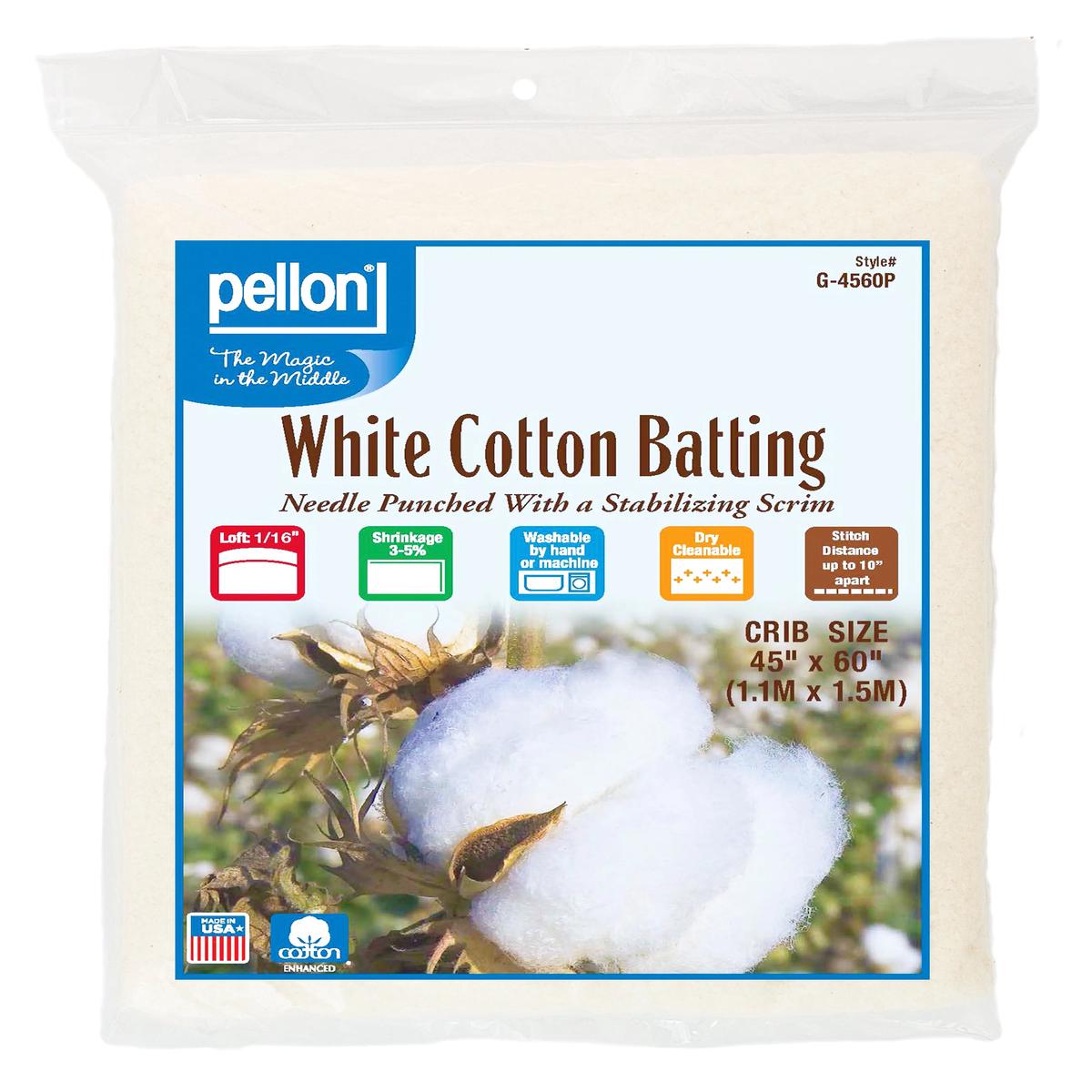 Pellon White Cotton Batting With Scrim 45" x 60" Crib Size Package.