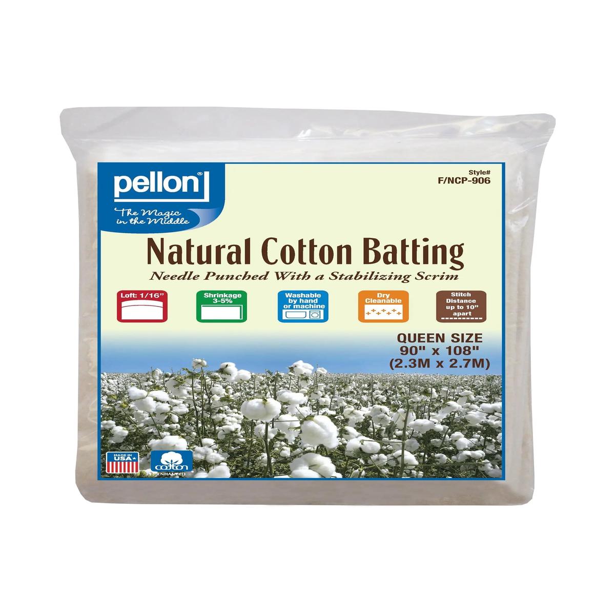 Pellon Natural Cotton Batting With Scrim 90" x 108" Queen Size Package.