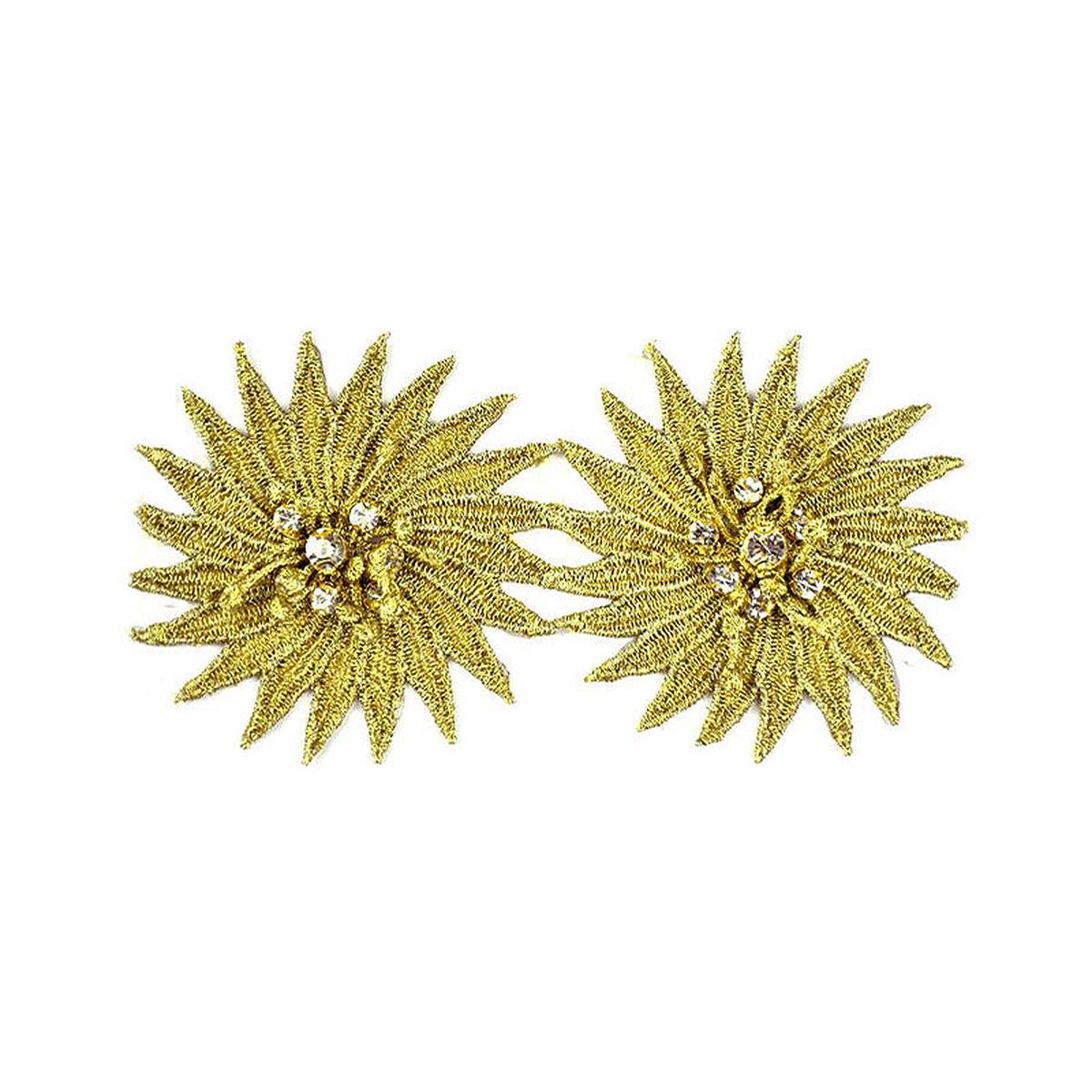 Gold Flower Sunburst Rhinestone Trim, 3" X 5 Yards Metallic Embroidered Floral Chain Trim