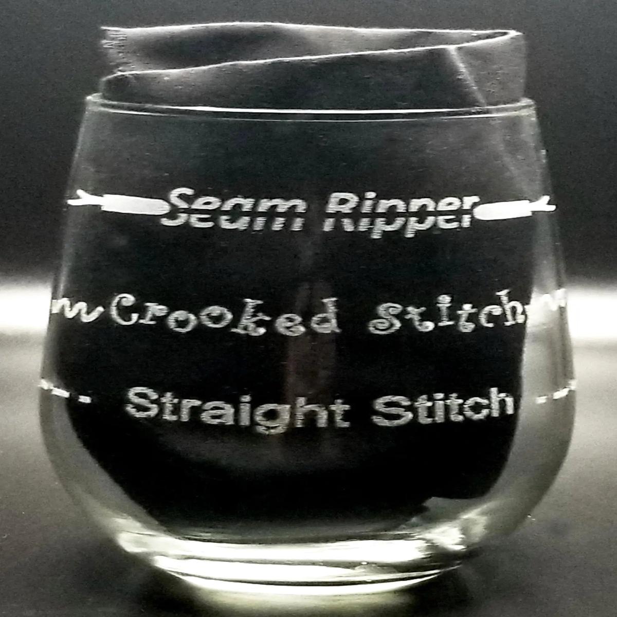 Seam Ripper, Crooked Stitch, Straight Stitch Stemless Wine Glass