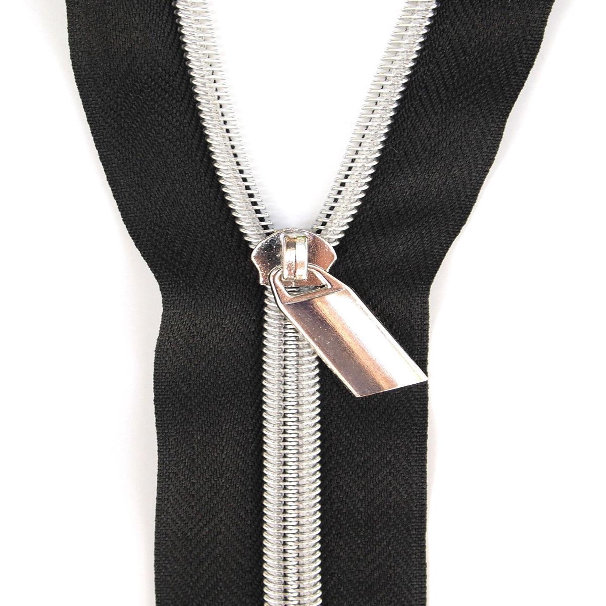 Black #5 Nylon Nickel Coil Zippers: 3 Yards with 9 Pulls