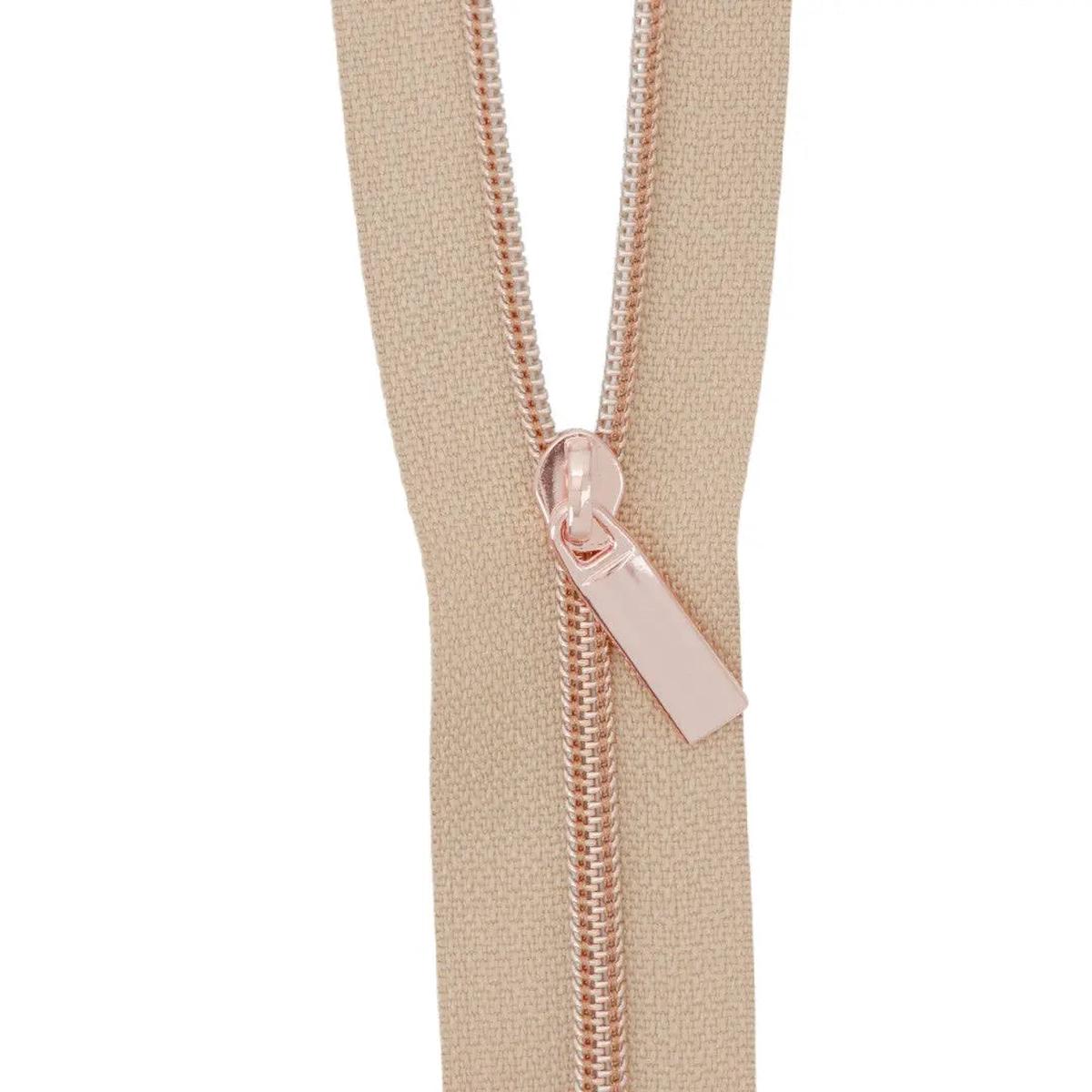 Natural #3 Nylon Rose Gold Coil Zippers: 3 Yards with 9 Pulls