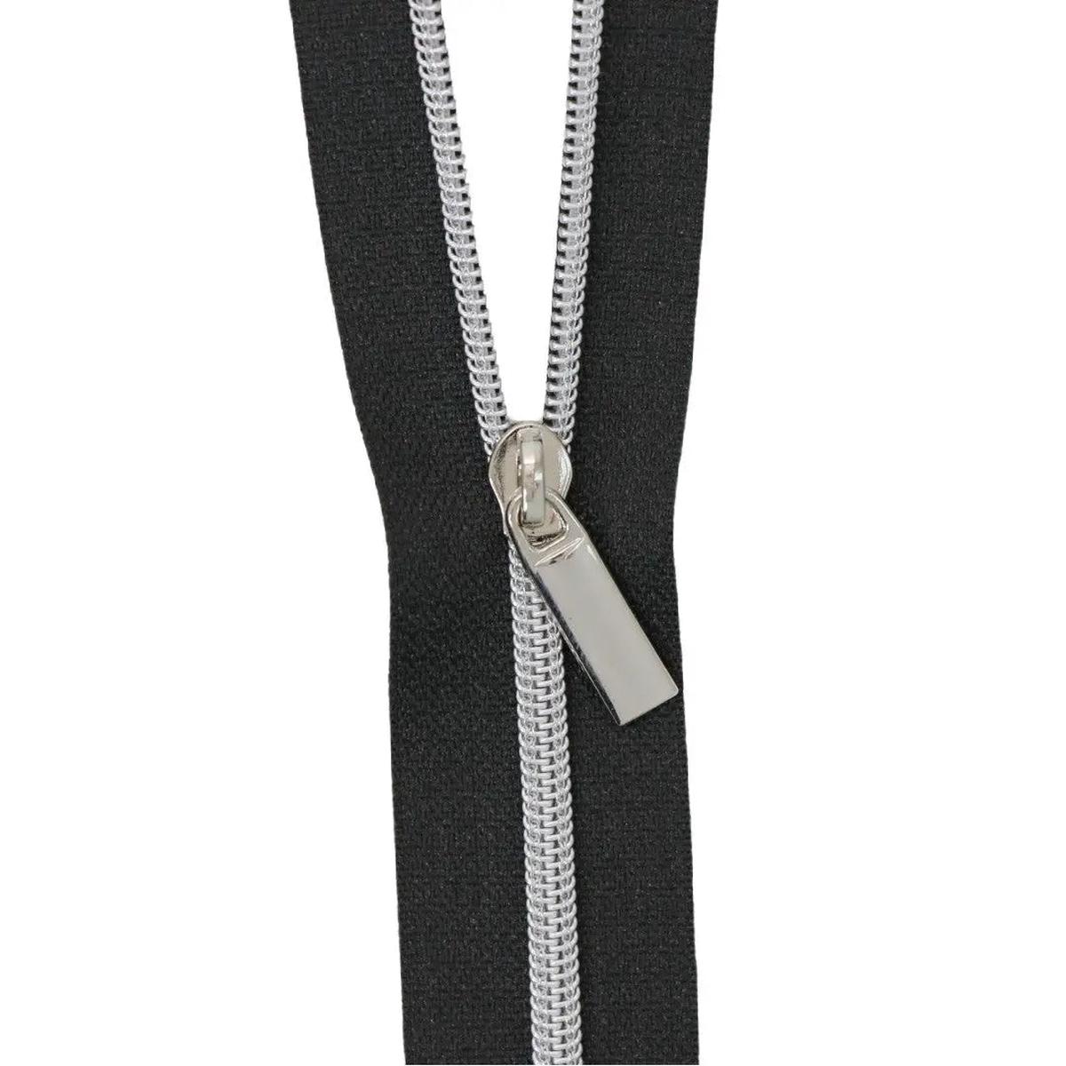 Black #3 Nylon Nickel Coil Zippers: 3 Yards with 9 Pulls