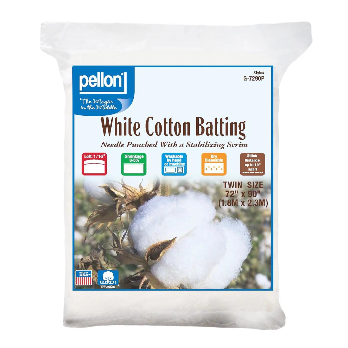 Pellon White Cotton Batting With Scrim 72" x 90" Twin Size Package.