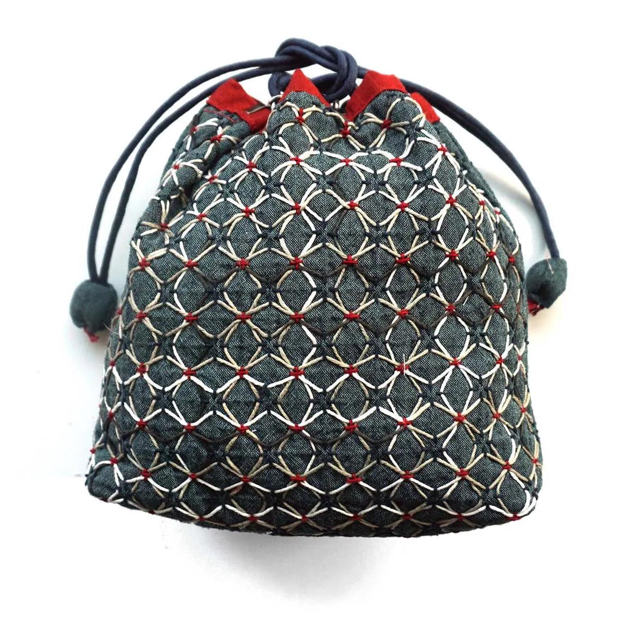 Drawstring Bag with KOKI Weaving Sashiko Hydrangea Half Kit Blue