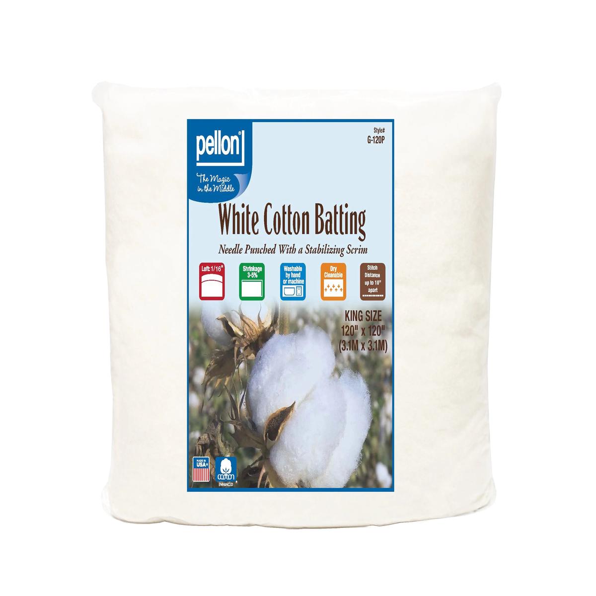 Pellon White Cotton Batting With Scrim 120" x 120" King Size Package.