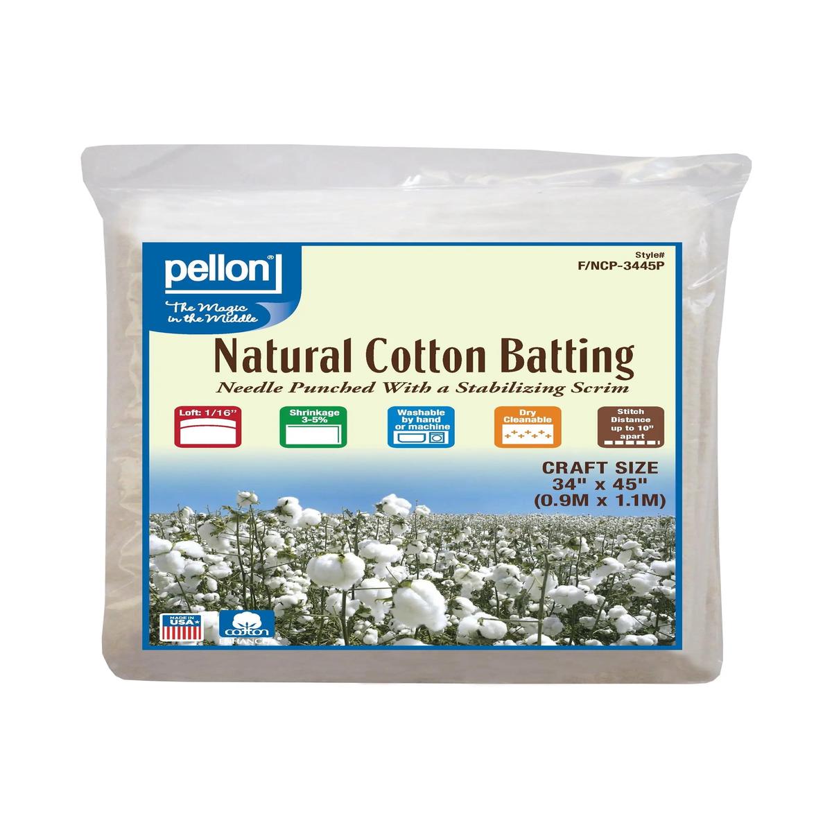 Pellon Natural Cotton Batting With Scrim 34" x 45" Craft Size Package.