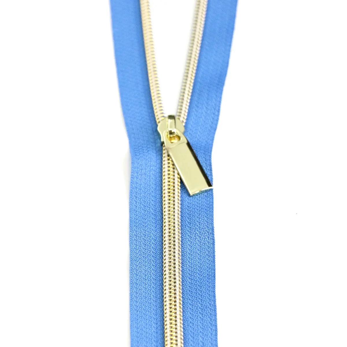 Blue Jean #5 Nylon Gold Coil Zippers: 3 Yards with 9 Pulls
