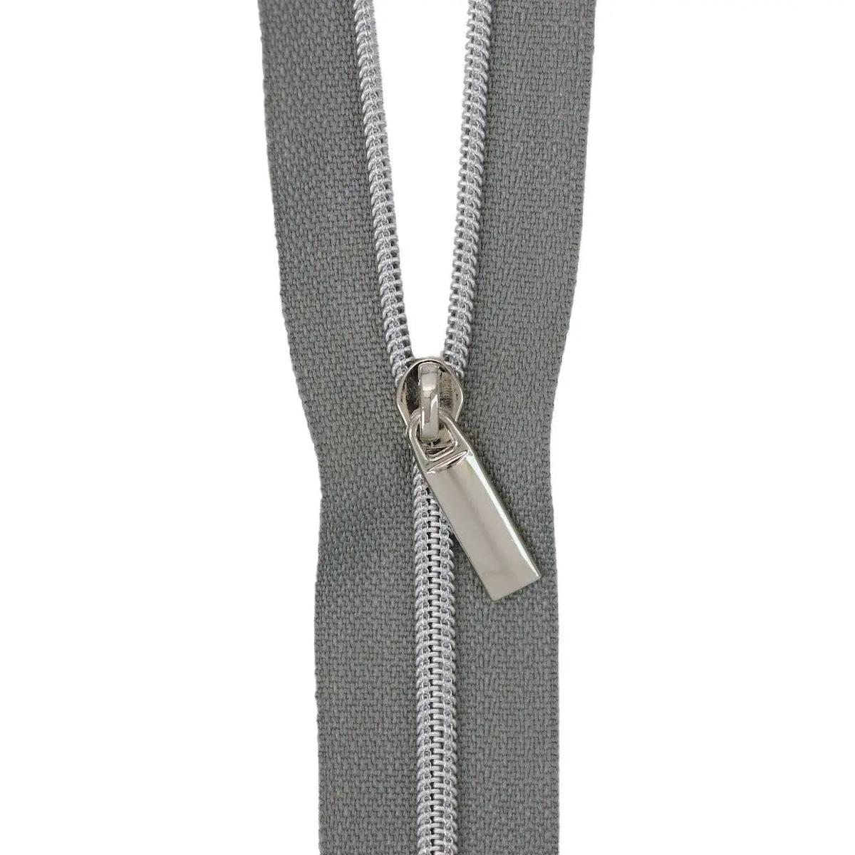 Grey #3 Nylon Nickel Coil Zippers: 3 Yards with 9 Pulls