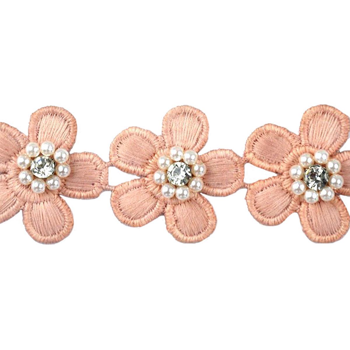 Flower Trim with Pearls & Rhinestone Embellishments, 1.5-inch X 5 Yards - For Sewing & DIY Crafts