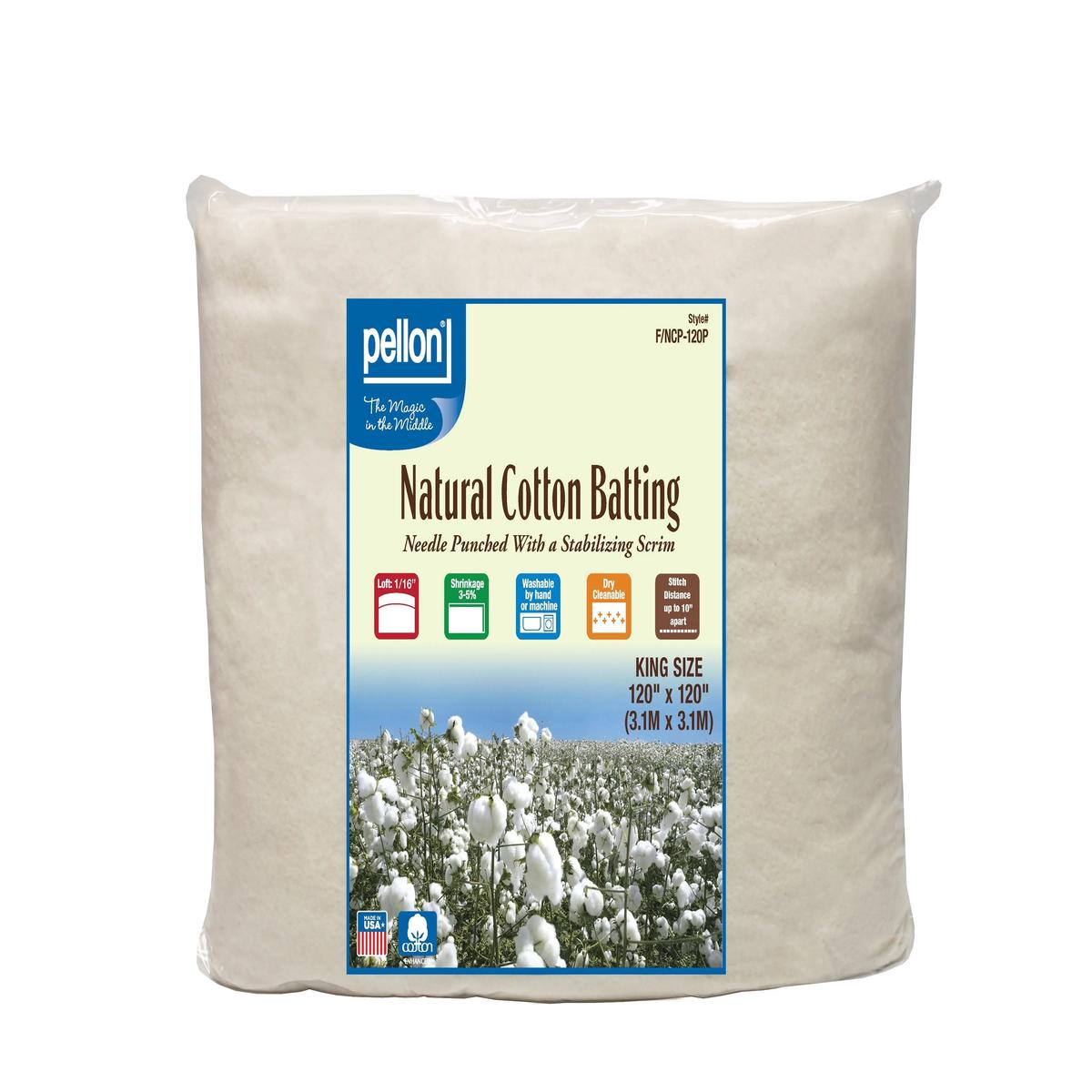 Pellon Natural Cotton Batting With Scrim 120" x 120" King Size Package.