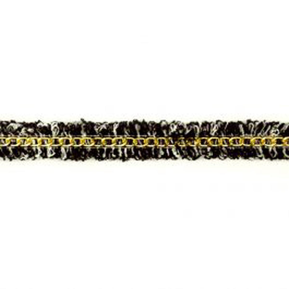Black and White Frayed Denim Trim with Gold Chain, 1-inch X 5 Yard Roll - Sewing & Upholstery Trim