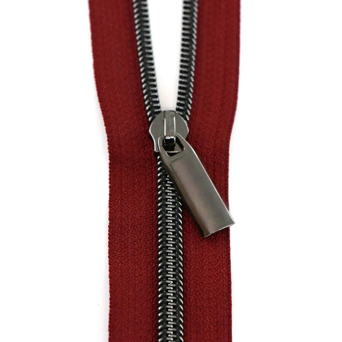 Burgundy #5 Nylon Gunmetal Coil Zippers: 3 Yards with 9 Pulls