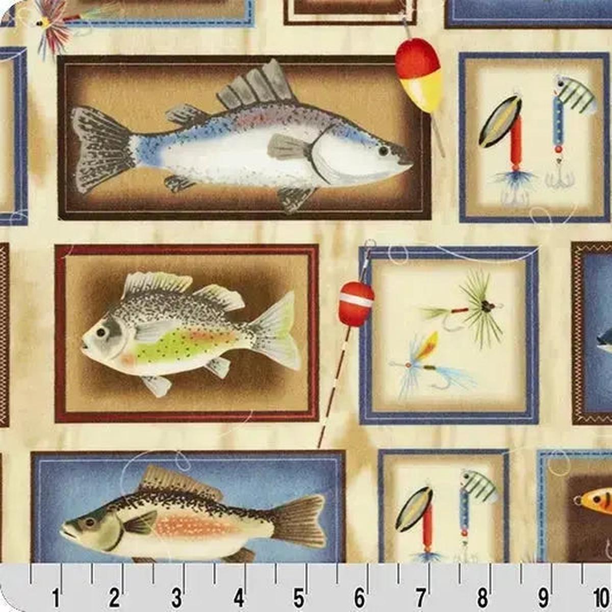 Multi Tan Gone Fishing Digital Cuddle Fabric per yard