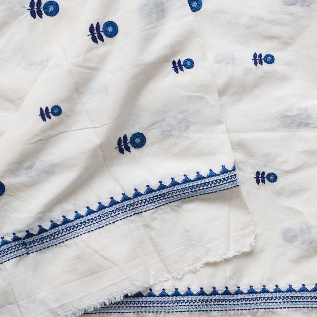 ( Width 45 Inches ) Pure Cotton Handloom White With Blue With Light Blue Flowers Motif Embroidery Hand Woven Fabric