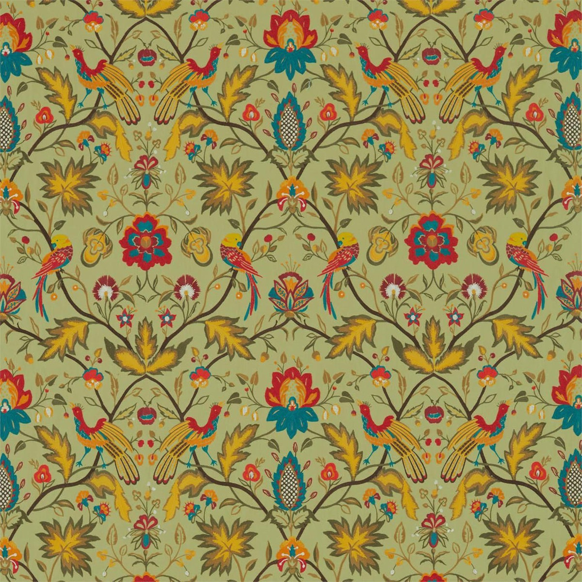Zoffany Oiseaux De Paradis Embroidery Olivine Fabric