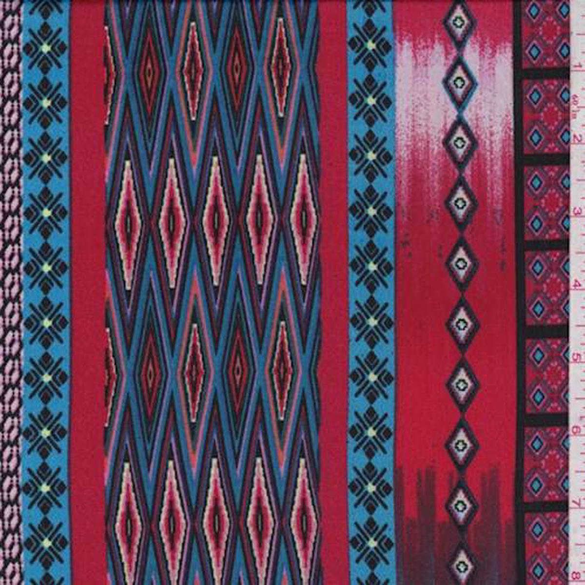 1 1/2 YD PC-Red/Teal Geo Stripe Crepe De Chine Fabric